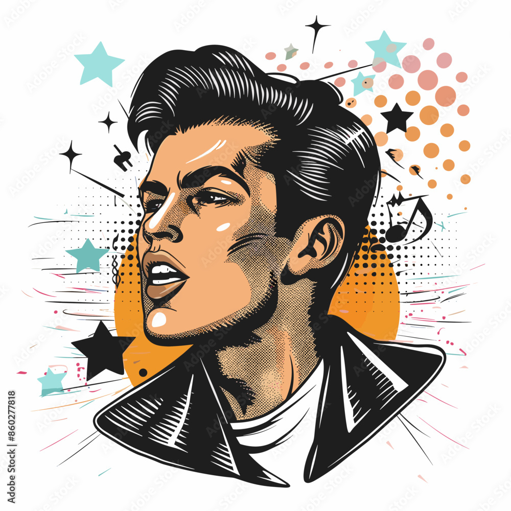 Poster a man with a microphone is singing in front of a starry background in retro comic style.