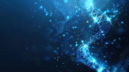 Abstract background featuring blue DNA structure with chromosomes and fluorescent forms on dark blue background. Concept of science, medicine, biotechnology, and genetic research.