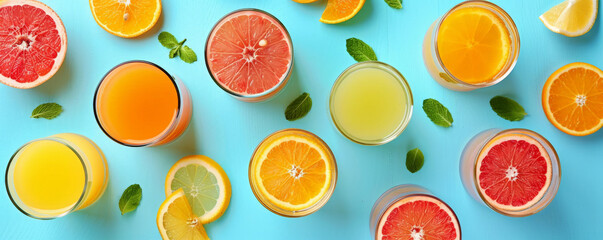 A citrus fresh juice background showcasing a variety of citrus juices in glasses, including orange, lemon, and grapefruit, all arranged on a bright blue surface