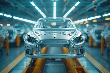 A car chassis on an assembly line in a factory. The car is surrounded by other car chassis. The image is rendered in a realistic style