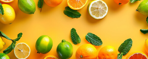 A fresh fruit background featuring an array of citrus fruits and mint leaves, laid out on a bright yellow surface, perfect for a sunny and energetic theme