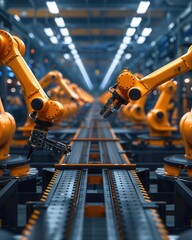 A line of robotic arms working in a factory, showcasing automation and industrial production.