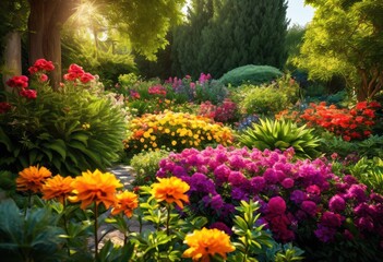 vibrant sunlit garden bursting blossoming flowers, blooming, colorful, lively, sunny, flowerbed, flourishing, blossoms, radiant, bloom, flourish, floral, petal