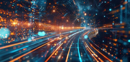 Naklejka premium A beautiful 3D rendered scene of a highway road against a digital space background, with flowing data streams and glowing geometric shapes that evoke a cybernetic atmosphere.