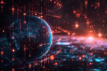 Fototapeta premium Abstract digital illustration of Earth surrounded by glowing lines and data streams.