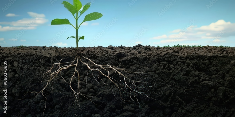 Poster sapling with extensive root system in soil