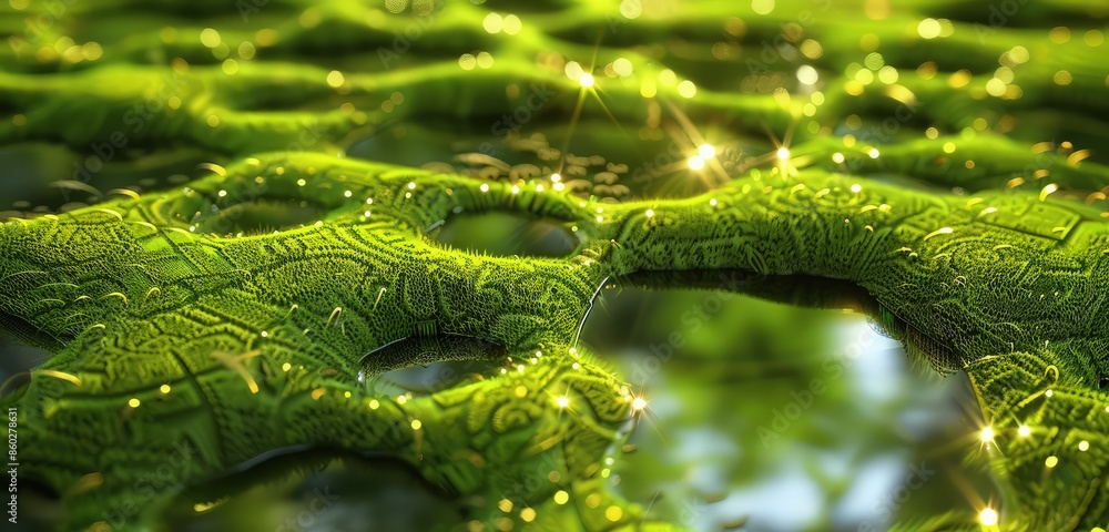 Poster a realistic 3d rendered background of a green grassland with lakes, showcasing intricate patterns of