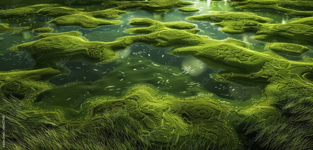 Poster a realistic 3d rendered background of a green grassland with lakes, showcasing intricate patterns of