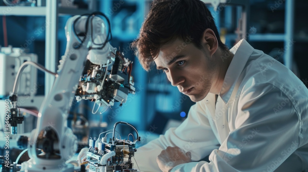 Poster a man is working on a robot in a lab