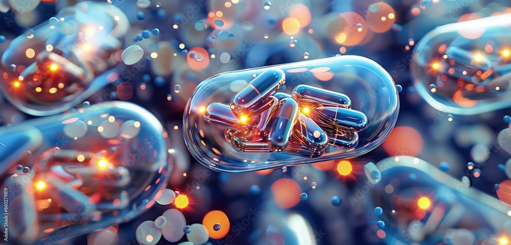 Poster a realistic 3d rendered background of medical capsules and transparent cells, showcasing intricate p