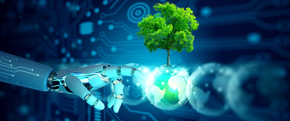 Robot hand pointing a crystal ball with tree. Nature with digital convergence. Artificial Intelligent, Ecology, Energy, Environment, Green Technology, and IT ethics Concept.