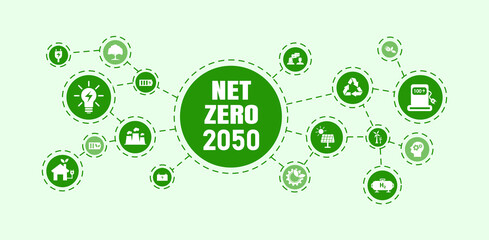 Net zero and carbon neutral concept Net zero greenhouse gas emissions target with a green health center icon on a white circle background