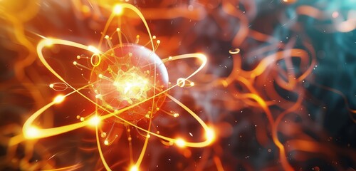 A realistic 3D rendered background of a physics atom, showcasing intricate patterns of electron orbits and a glowing nucleus, with a vibrant, energetic background.