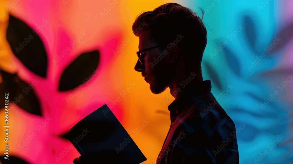 Poster a man is reading a book in front of a colorful background