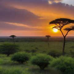 African Savanna During Sunset