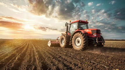 Obraz premium A red tractor is in a field with a beautiful sunset in the background