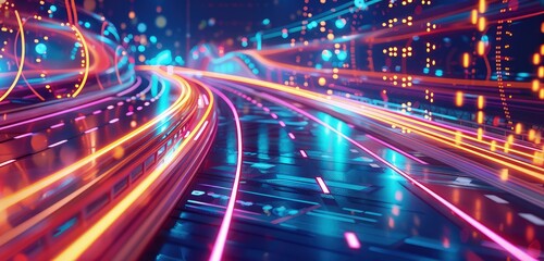 Fototapeta premium A realistic 3D rendered image of a highway road intersecting with a digital space, featuring bright neon lights and abstract digital patterns.