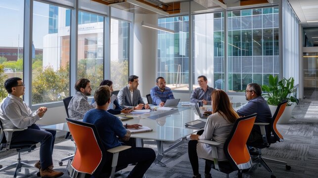 Group of diverse business professionals having a meeting in a modern office space. AIG535