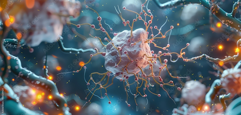 Poster a realistic 3d rendered image of a nerve cell, showcasing the detailed cellular structure and synapt