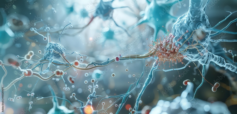 Poster a realistic 3d rendered image of a nerve cell, showcasing the detailed cellular structure and synapt