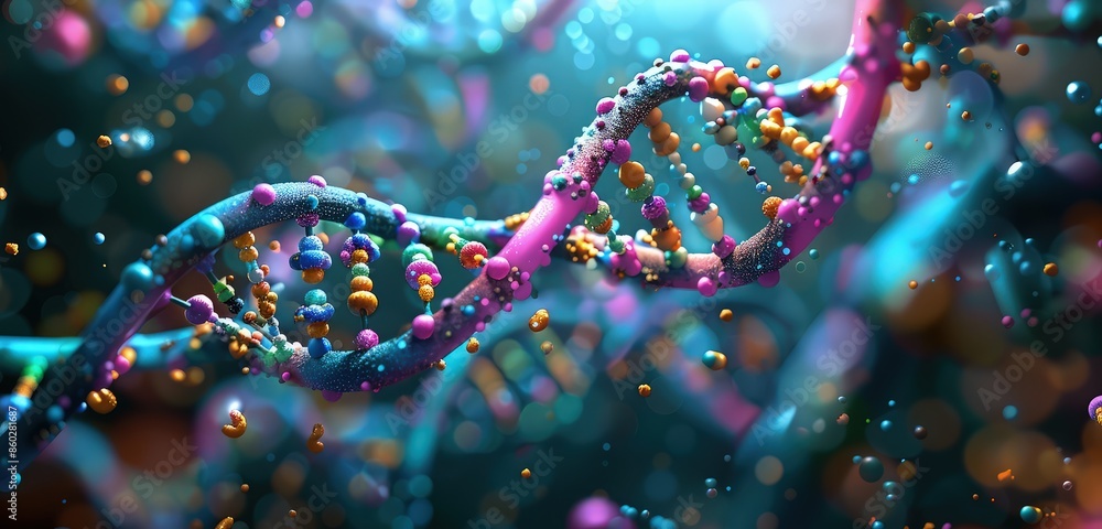 Poster a realistic 3d rendering of dna strands interwoven with colorful molecular structures, depicting the