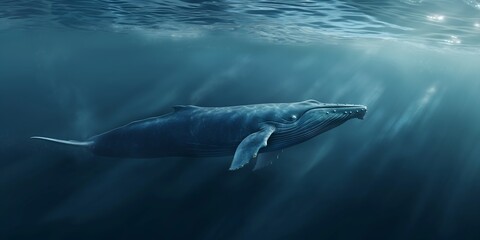 Fototapeta premium Diving Blue Whale in Deep Ocean A magnificent blue whale diving deep into the ocean, captured in a full-body shot, highlighting its immense size and graceful movement. 