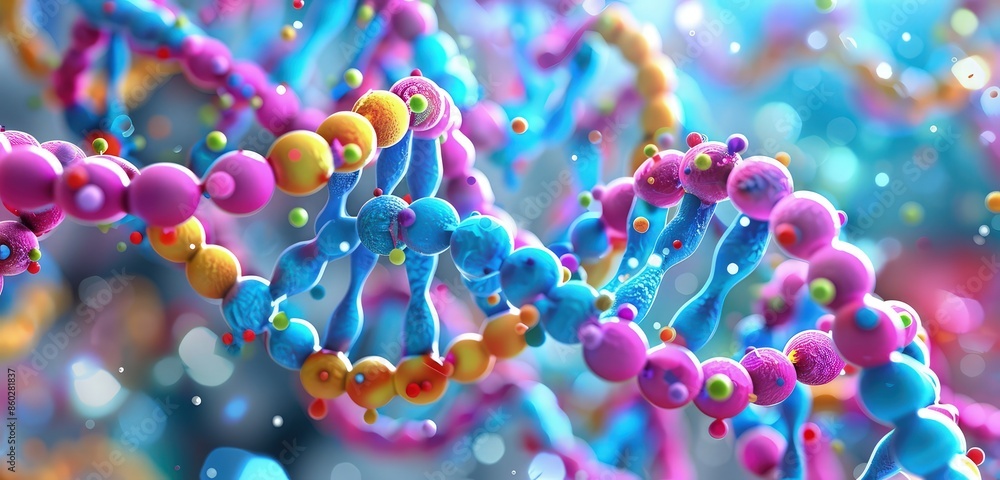 Poster a realistic 3d rendering of dna strands interwoven with colorful molecular structures, depicting the