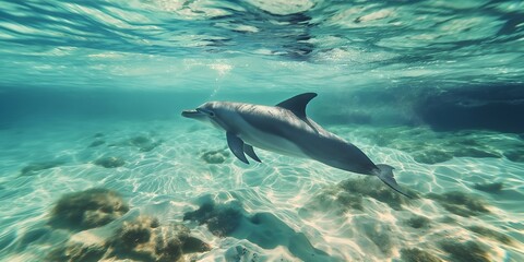 Obraz premium Diving Dolphin in Clear Waters A playful dolphin diving in clear waters, captured in a dynamic full-body shot, highlighting its sleek form and joyful movement. 