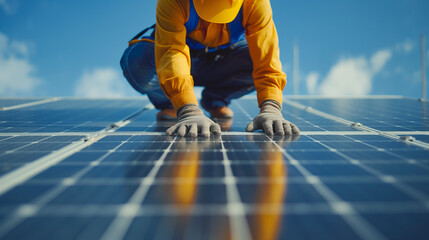 a worker installing a panel solar cell energy on a roof 
