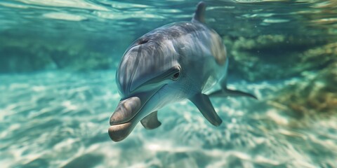 Diving Dolphin in Clear Waters A playful dolphin diving in clear waters, captured in a dynamic...