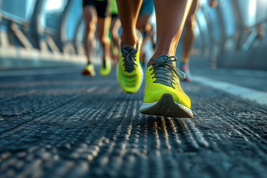 Runners Foot in Yellow and Blue Running Shoes on Asphalt Road