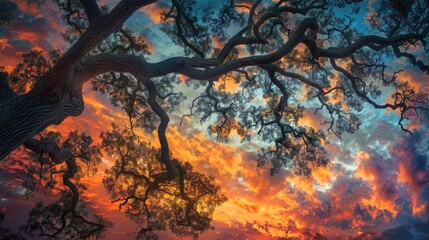 Majestic oak tree branches swaying under a sky of fiery colors.