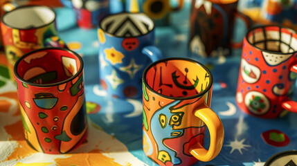 Mug, Global Unity Designs, Culturally Rich, Artistic mugs fusing diverse cultural icons and patterns for a unity-themed collection, 3D Render, Silhouette Lighting, Chromatic Aberration