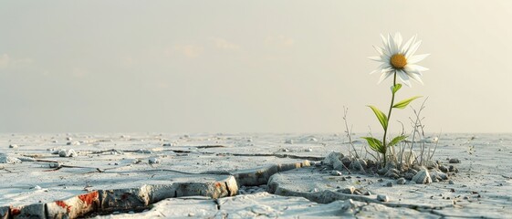 A single daisy flower growing in a barren, cracked land symbolizing resilience and hope in harsh conditions.