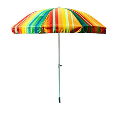 Obraz premium Vibrant, multicolored striped beach umbrella on transparent background, perfect for summer vacation, sunshade and outdoor activities.