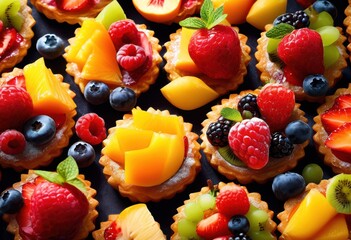 delicious fruit tartlets sprinkled powdered sugar white plate, colorful, vibrant, small, homemade, baked, decoration, garnish, round, circular, fruity