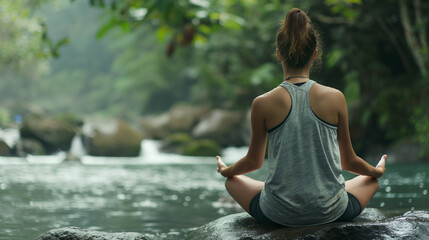 Fototapeta premium woman doing meditation at the river 