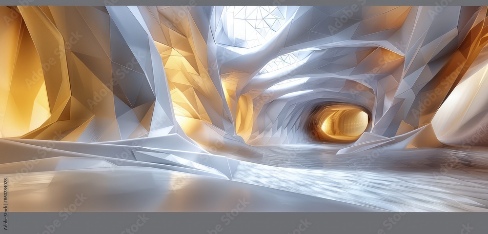 Poster a refined 3d rendered image of an abstract geometric interior, showcasing smooth, angular surfaces a