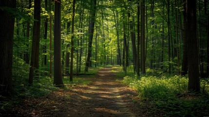 Iso view of a peaceful forest path, dappled sunlight, tall trees, carpet of leaves, serene and tranquil atmosphere