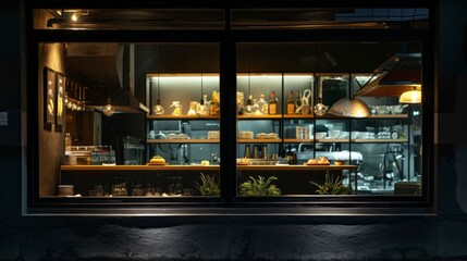 A window in a restaurant with a kitchen behind it