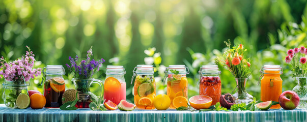 A vibrant tea background with a colorful display of iced tea jars, fresh fruits, and herbs arranged on a bright outdoor table
