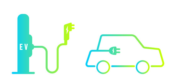 Electric car with green plug symbol. Green hybrid vehicles charging point logo