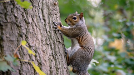 Profile of a squirrel climbing a tree trunk