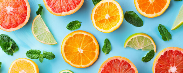 A vibrant fruit background showcasing sliced citrus fruits and mint leaves, arranged on a pastel blue surface, giving a refreshing and invigorating look