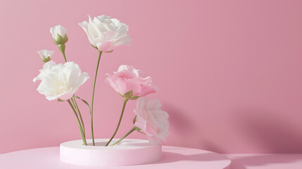 Composition with plaster podium and beautiful eustoma flowers on pink background : Generative AI
