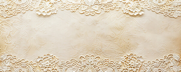 Vintage lace wedding mockup card background with intricate lace patterns in soft ivory. A textured parchment surface and a hint of gold enhance the antique elegance.