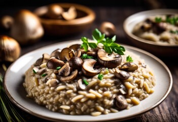 Obraz premium creamy mushroom delicious italian dish arborio champignon, rice, porcini, risotto, savory, tasty, vegetarian, gourmet, food, cooking, recipe, dinner, meal, culinary