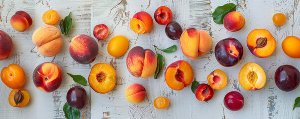 A juicy fruit background with a collection of stone fruits including peaches, plums, and apricots, displayed on a light wooden surface, perfect for a summer harvest theme