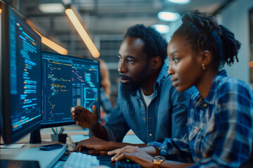 Game Developer Explaining Testing Process to African Worker in Modern Office