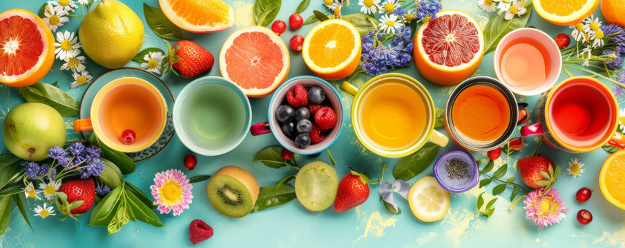 A vibrant tea background with a selection of fruit teas in colorful cups, surrounded by fresh fruits and a bright floral arrangement